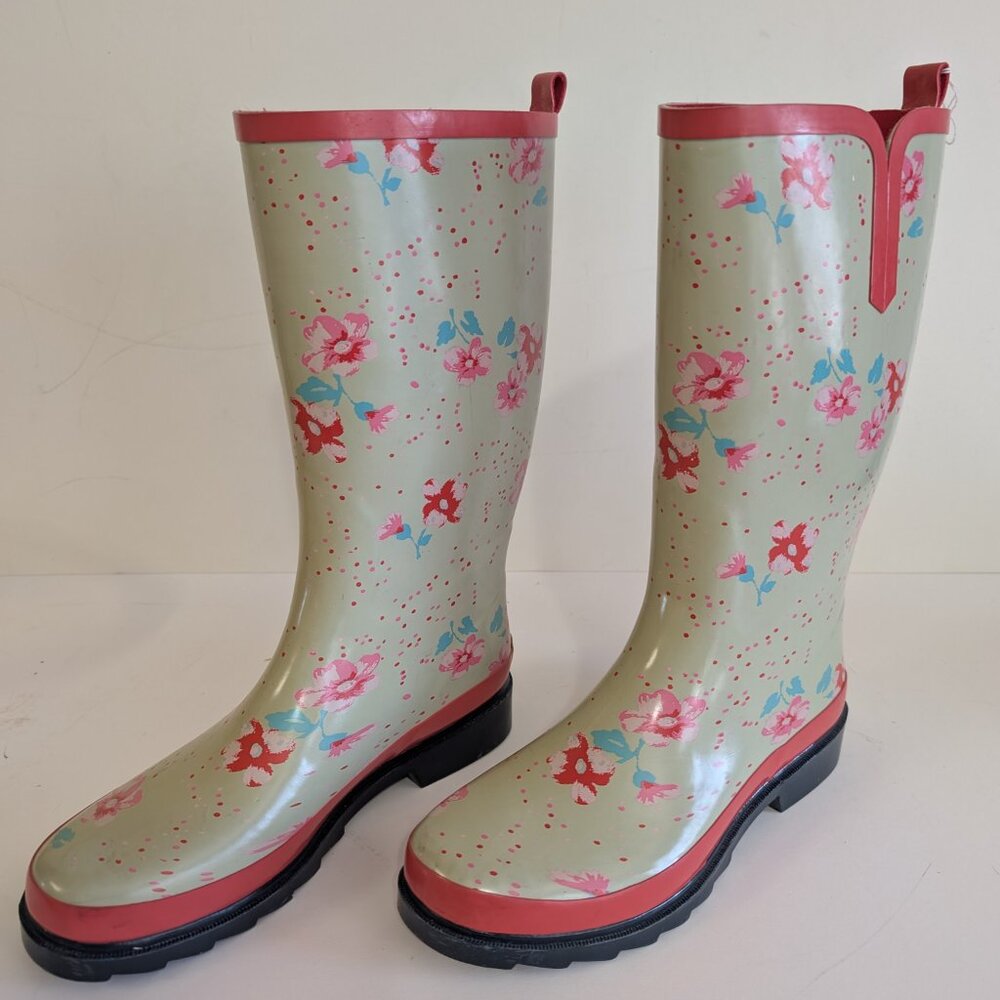 Bit & Bridle Pink Flowered Rubber Rain Boots, Size 8, 12.5" Tall